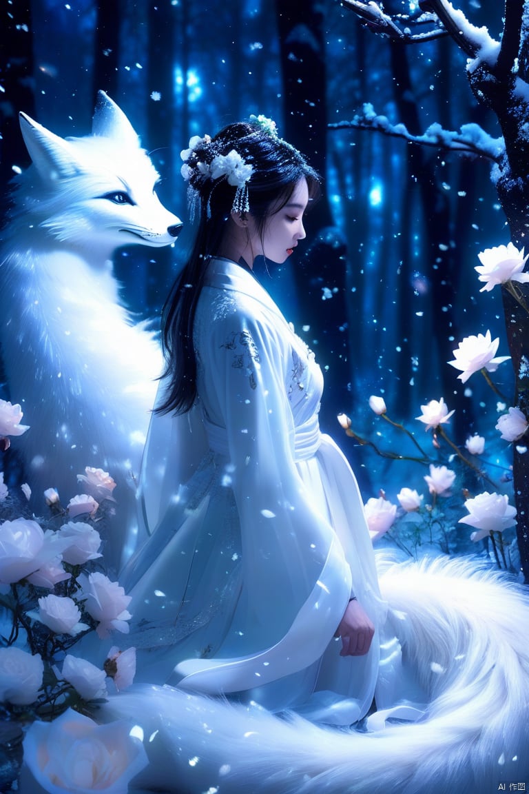 Concept Photoshoot,back view of an attractive Asian girl in white chinese style hanfu with long trailing,in the glowing forest with snow,by a giant glowing nine-tailed fox with white-roses. At Night,starry sky. Surrealism Dream Style. Glowing neon color.    Particle effect. Highly detailed,ultra-high quality HD resolutions,,