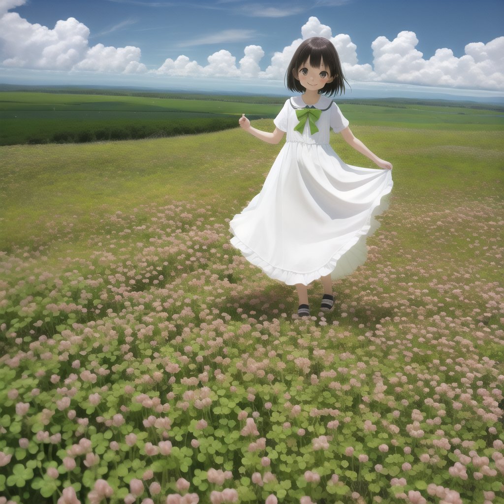 (masterpiece), (best quality), (1girl), solo, (pretty cute girl), looking at viewer, smile, slender, full body, outdoors, playing rabits, clover field, tint-vueru, sun, days, clouds, 