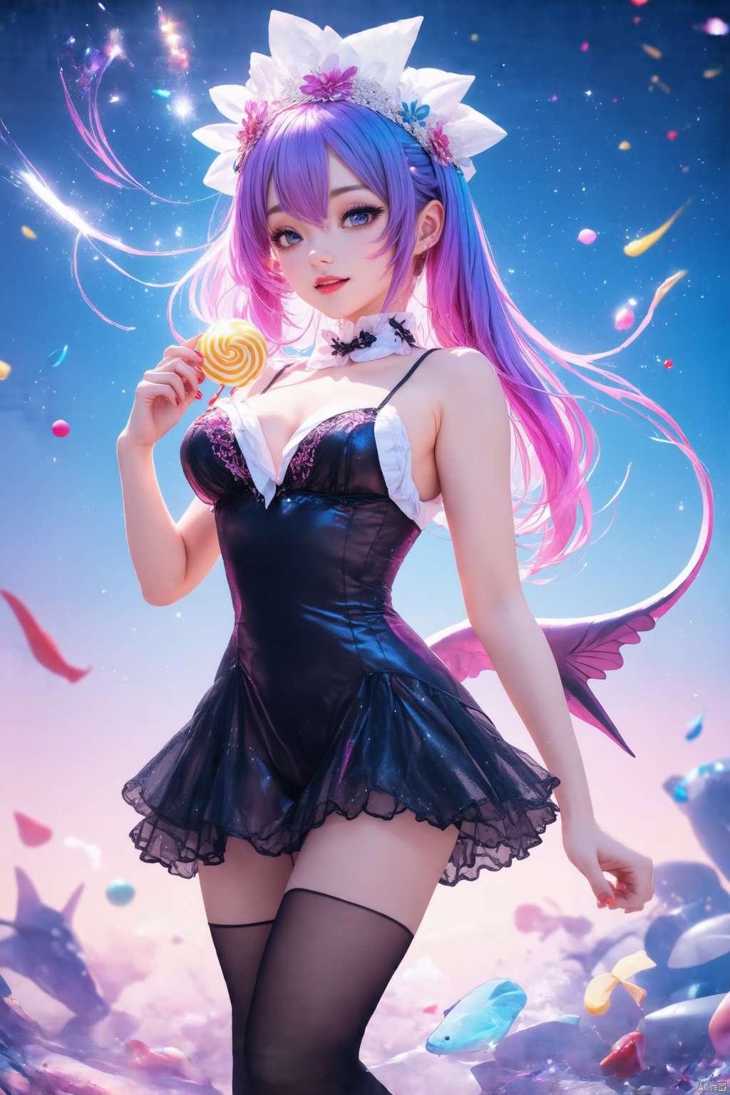 best quality,highres,masterpiece,sparkles,ornate,bloom light,ambilight,halatio,detail skin,((skin glowing, subsurface scattering)),particles,ray tracing,1girl, candy, colored inner hair, fins, fish tail, food, holding candy, holding food, holding lollipop, leotard, lollipop, maid headdress, multicolored hair, pantyhose, red nails, shark girl, shark tail, solo, tail