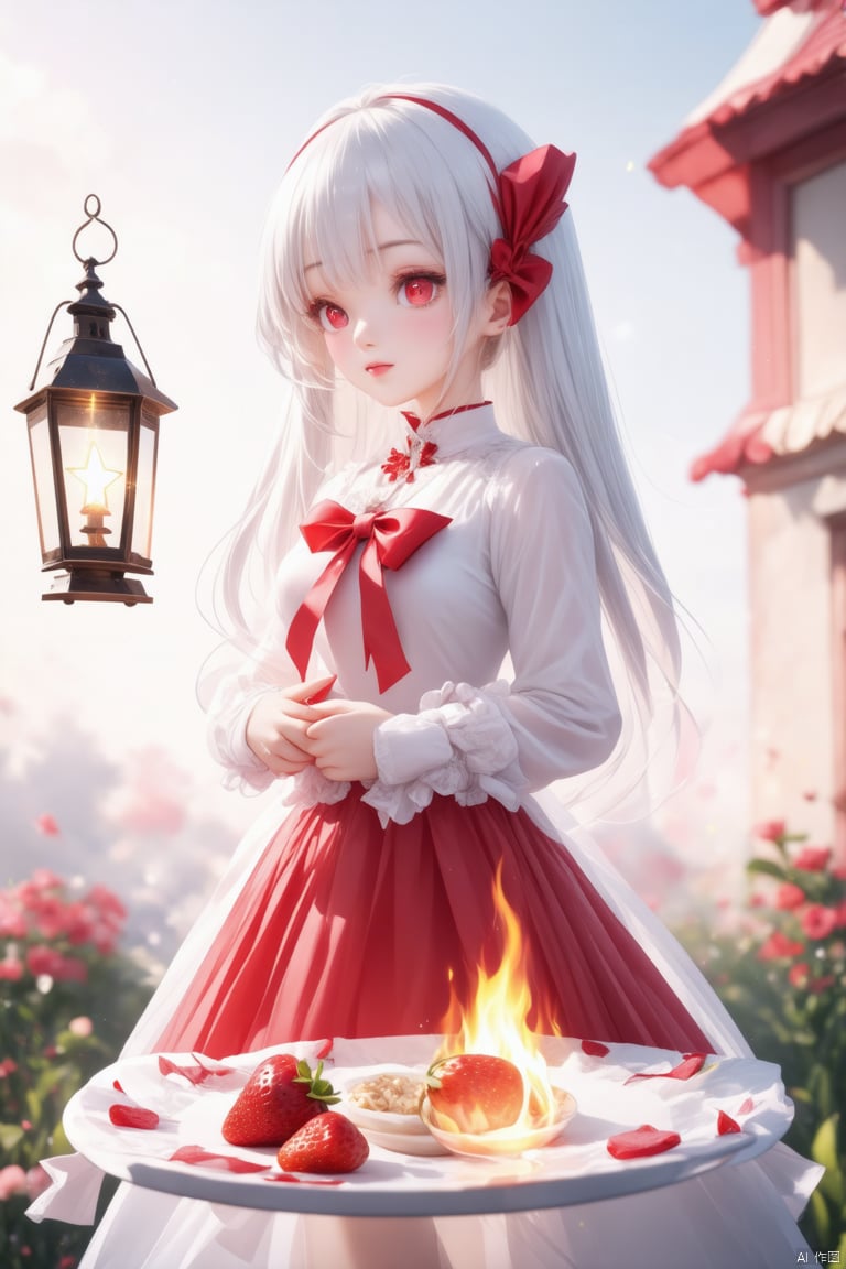 (masterpiece), (best quality), illustration, ultra detailed, hdr, Depth of field, (colorful),loli, 1girl, solo, long hair, red eyes, fruit, white hair, red background, food, bow, white bow, strawberry, dress, long sleeves, hair bow, white dress, blush, closed mouth, holding, lantern, star (symbol), fire, upper body, frills, simple background