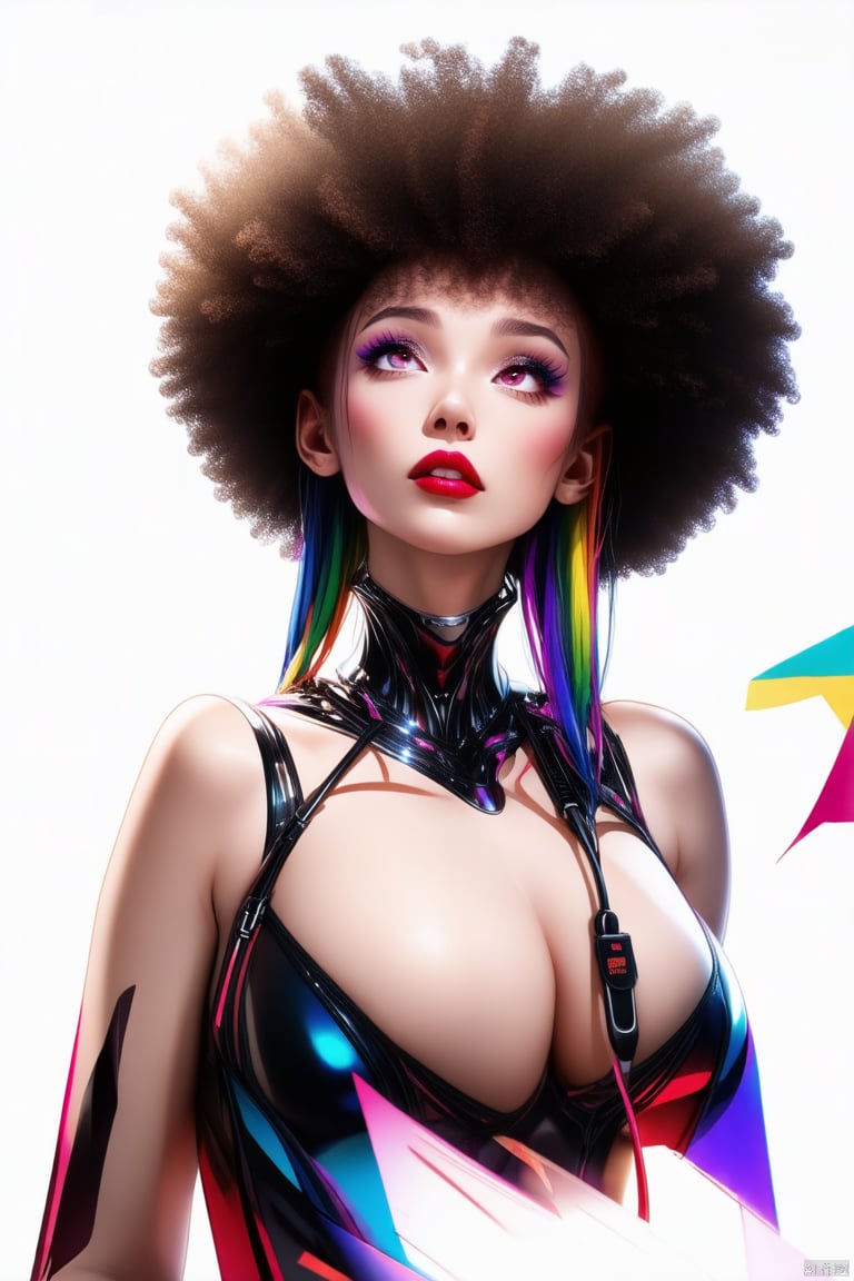 1girl,afro,bag,bag over head,breasts,crossover,cyborg,doctor,expressionless,eyeliner,leotard,looking up,makeup,multicolored eyes,multicolored hair,paper bag,rainbow hair,red background,red eyeliner,red lips,sparkle