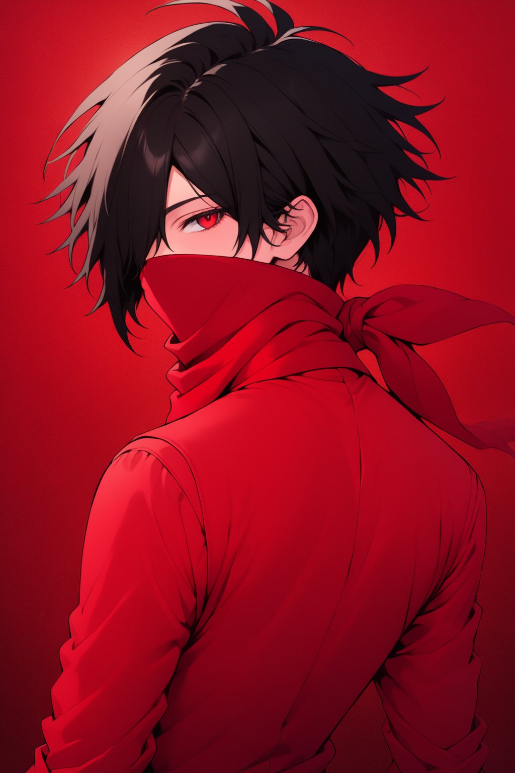 score_9, score_8_up, score_7_up, masterpiece, Anime-style portrait of a mysterious man character with messy black hair and layered. The character's hair covers one eye and is styled to look slightly wild. They are wearing a red scarf that covers the lower half of their face, with a simple red shirt and raised collar. (The background is white), ((from behind:2))