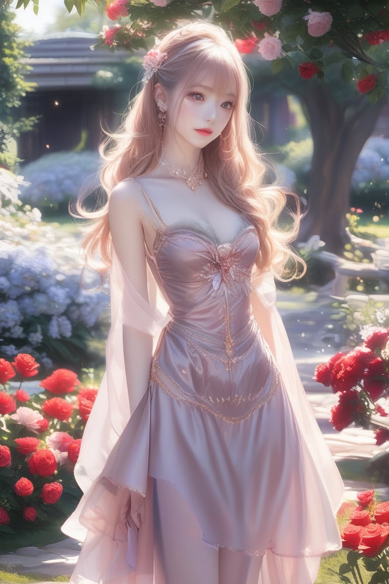 ultra detailed, (masterpiece, top quality, best quality, official art, perfect face:1.2), UHD,(cinematic, azure and light pink:0.85), (muted colors, dim colors), falling petals, red roses , happiness, (wearing trendy fashion:1.4), chiffon sheer dress vanilla, (full field roses :1.4), (((hold a teddy bear))), dynamic posing, tree house, park, swing, cute_girl, pastel flowers , lilac, rose, Line art,1girl, Light master,More Reasonable Details,emo