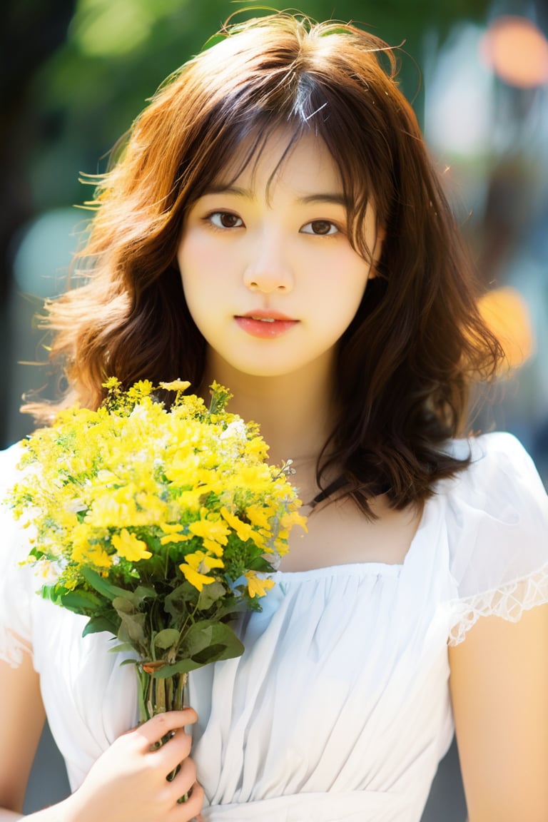 1girl, solo, looking at viewer, brown hair, dress, holding, brown eyes, flower, short sleeves, outdoors, white dress, blurry, lips, bouquet, realistic, yellow flower, holding flower,dreamgirl