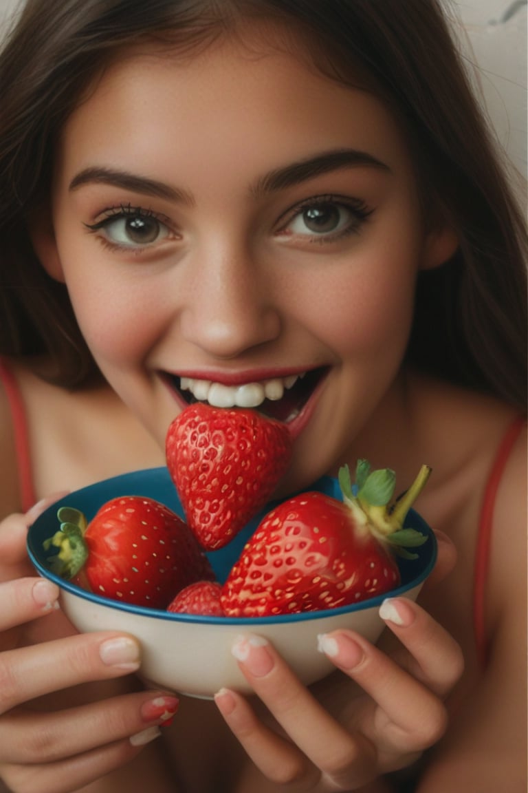 Realistic Sexy Ecuador girl eating strawberries