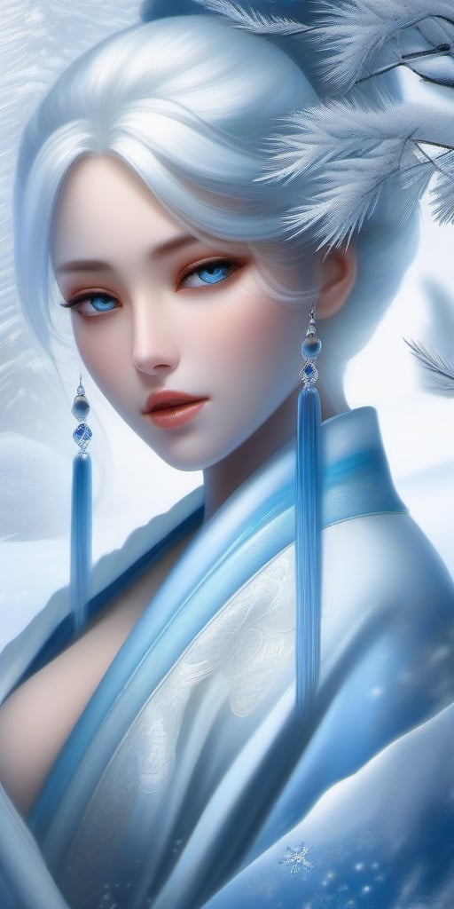 In a serene winter wonderland, Yuki Onna stands solo, showcasing her model-like physique in perfect female form. A cloud of ice smoke swirls around her as she gazes into the distance with an aura of strength. Her long, light blue hair cascades down her back, adorned with a hair ornament and blue ribbon, while a blue earring sparkles on her bare shoulder. Elegantly draped in a Japanese kimono across her medium-breasted form, snowflakes gently fall around her. Her blue eyes hold a mesmerizing power, set against the holy atmosphere of winter's silence.