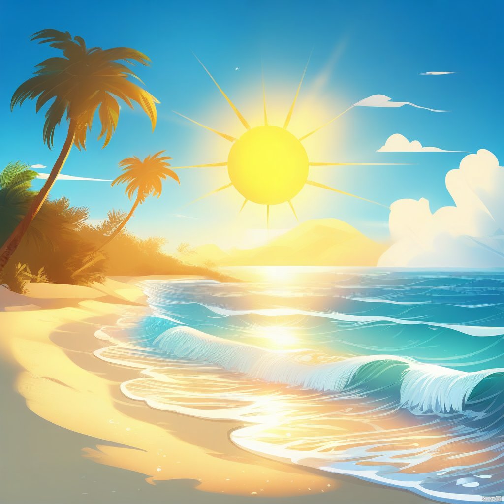 A bright and cheerful beach scene under a clear blue sky, with the sun casting a warm, golden glow over the soft, white sand. The composition focuses on the tranquil ocean waves gently rolling onto the shore, with a few palm trees providing a tropical backdrop. The lighting is natural and vibrant, highlighting the light blue waters and the sandy beach. The overall atmosphere is serene and inviting, perfect for a day of relaxation by the sea.