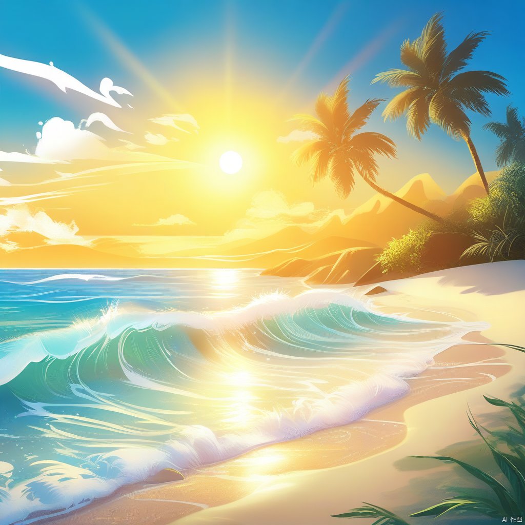 A bright and cheerful beach scene under a clear blue sky, with the sun casting a warm, golden glow over the soft, white sand. The composition focuses on the tranquil ocean waves gently rolling onto the shore, with a few palm trees providing a tropical backdrop. The lighting is natural and vibrant, highlighting the light blue waters and the sandy beach. The overall atmosphere is serene and inviting, perfect for a day of relaxation by the sea.