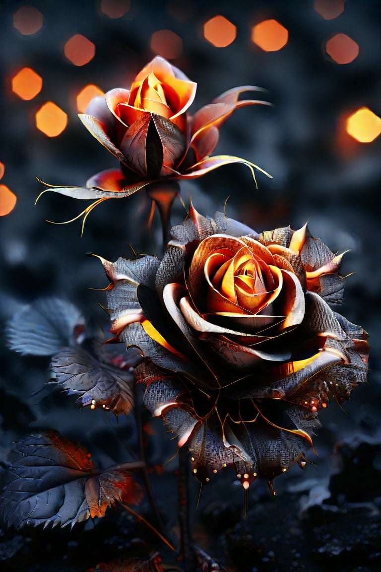 cinematic photo breathtaking hyperrealistic art A digital illustration combining elements of two images: a scene of black, charred roses with faetastic Glowing  embers amidst a dark, ash-covered ral-oilspill ground, and an shiny intricate  fractal design resembling a ral-polishedsteel golden flower with complex patterns and details. The composition blends the dark, burnt elements with the bright, glossy elegant fractal flower, creating a dramatic and surreal visual effect with high contrast and day-glo details. Extremely high-resolution details, photographic, realism pushed to extreme, fine texture, incredibly lifelike . award-winning, professional, highly detailed . 35mm photograph, film, bokeh, professional, 4k, highly detailed