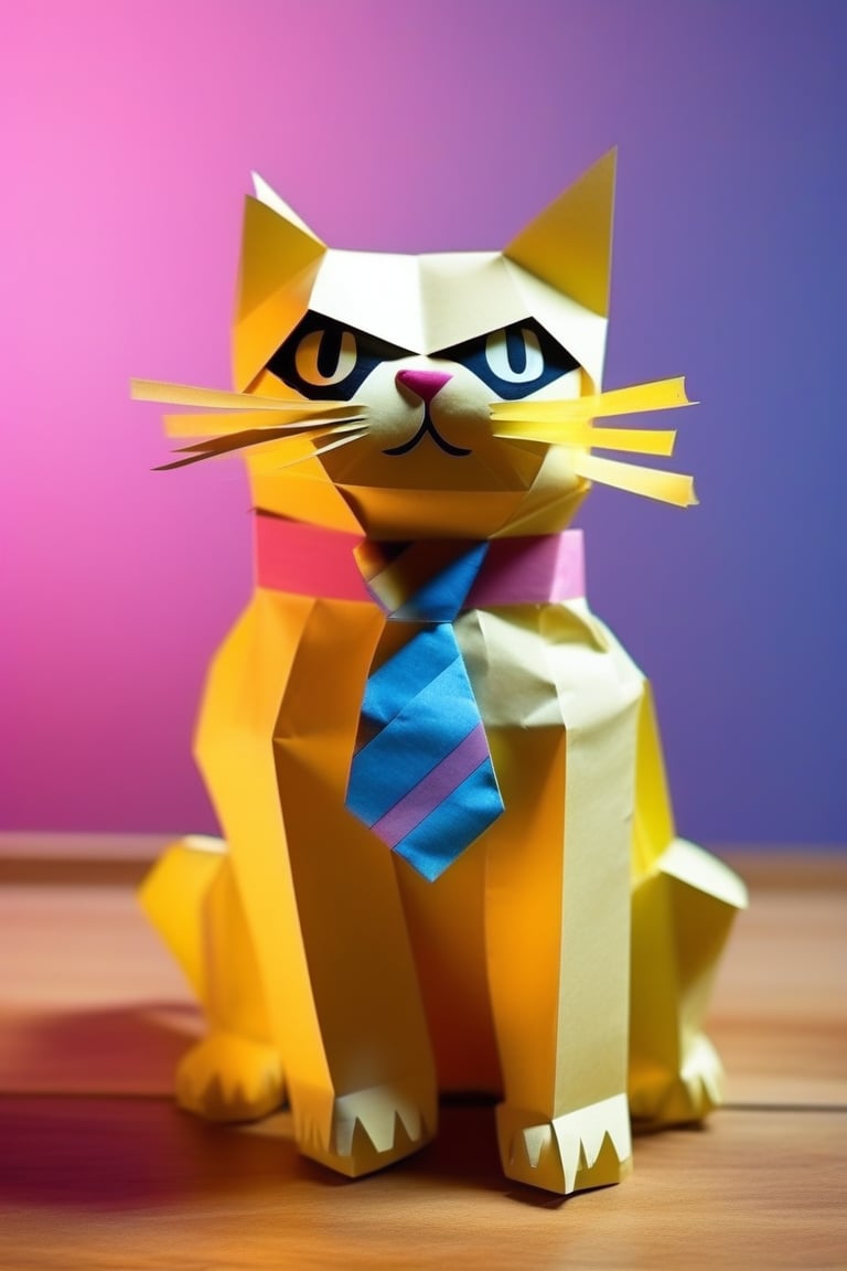 cat made of paper, cat with tie, close up, textured paper, on wooden table, fluorescent, glowing dust