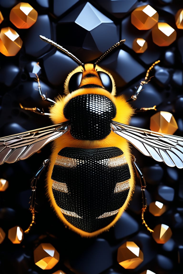 Honeybee made out of black diamonds, honeycomb shimmering glistening black diamonds that twinkle, honey falling to the grounds, gold string ties it all together, p1nkblackd1am0nds, enhanced textures, creative, beautiful, vibrant, masterpiece, 8k, ultra HD, ultra-detailed, amazing quality, amazing artist, sharp edges, detailed textures, full view, atmospheric lighting, amazing visuals