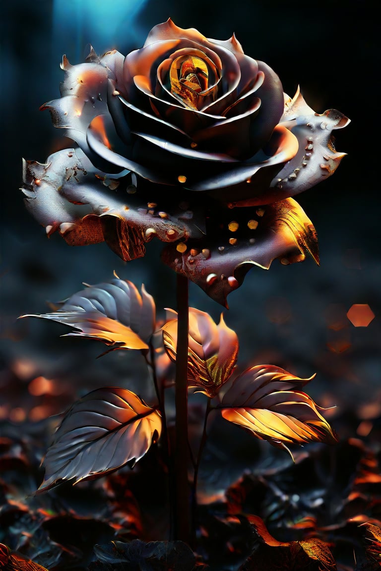 cinematic photo breathtaking hyperrealistic art A digital illustration combining elements of two images: a scene of black, charred roses with faetastic Glowing  embers amidst a dark, ash-covered ral-oilspill ground, and an shiny intricate  fractal design resembling a ral-polishedsteel golden flower with complex patterns and details. The composition blends the dark, burnt elements with the bright, glossy elegant fractal flower, creating a dramatic and surreal visual effect with high contrast and day-glo details. Extremely high-resolution details, photographic, realism pushed to extreme, fine texture, incredibly lifelike . award-winning, professional, highly detailed . 35mm photograph, film, bokeh, professional, 4k, highly detailed