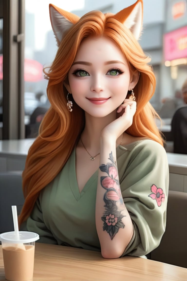 high detailed skin, high quality, cityscape, rating_safe, cafe BREAK
hair between eyes, long hair, fox girl, orange hair, green eyes, portrait, arm-tattoo, arm tattoo, sitting at table, head rest, hand to own cheek, facial-tattoo, neck-tattoo, smile, flower hair ornament, relaxed, smile