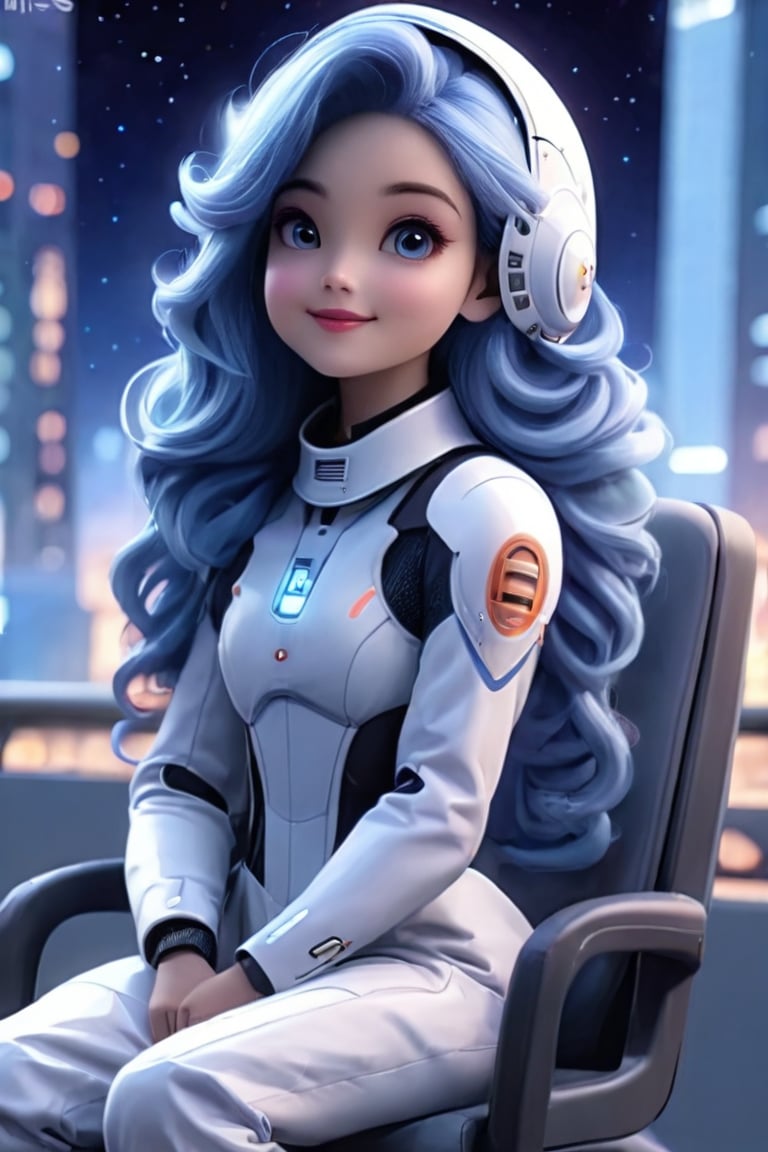 A beautiful girl with blue hair in a spacesuit, sitting on a chair, against the background of the night city. 16k,hyperdetalization,disney pixar style,Disney pixar style,anime