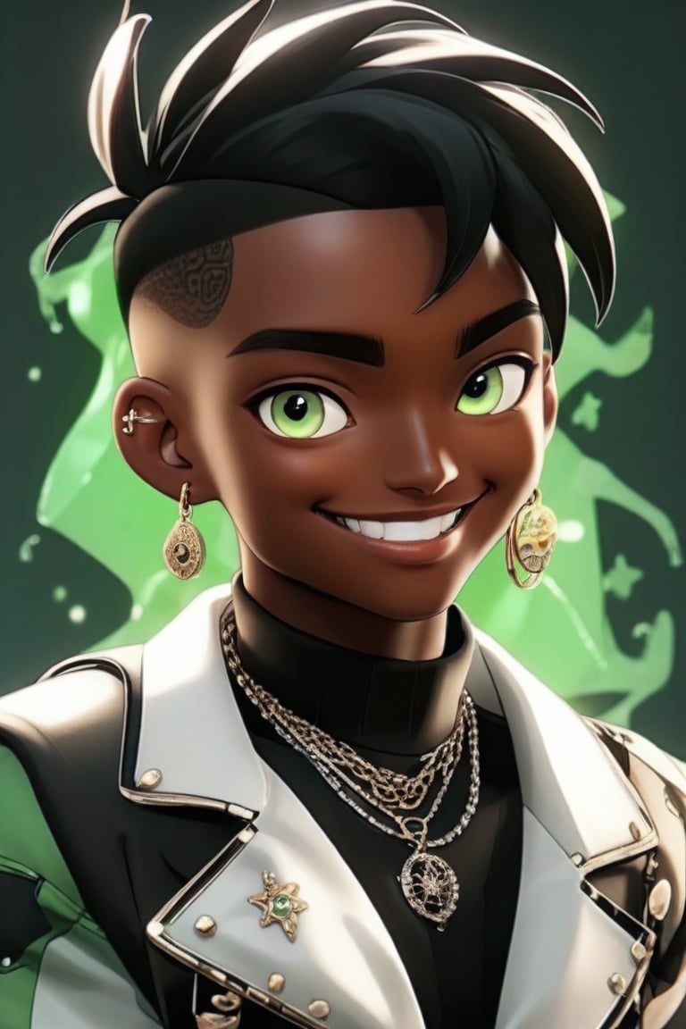 i want the whole image to be created in 3D anime style, solo, looking at viewer, smile, short hair, shirt, black hair, 1boy, jewelry, green eyes, jacket, upper body, male focus, earrings, teeth, dark skin, necklace, grin, black jacket, tattoo, piercing, dark-skinned male, gem, ear piercing, portrait, undercut, neck tattoo