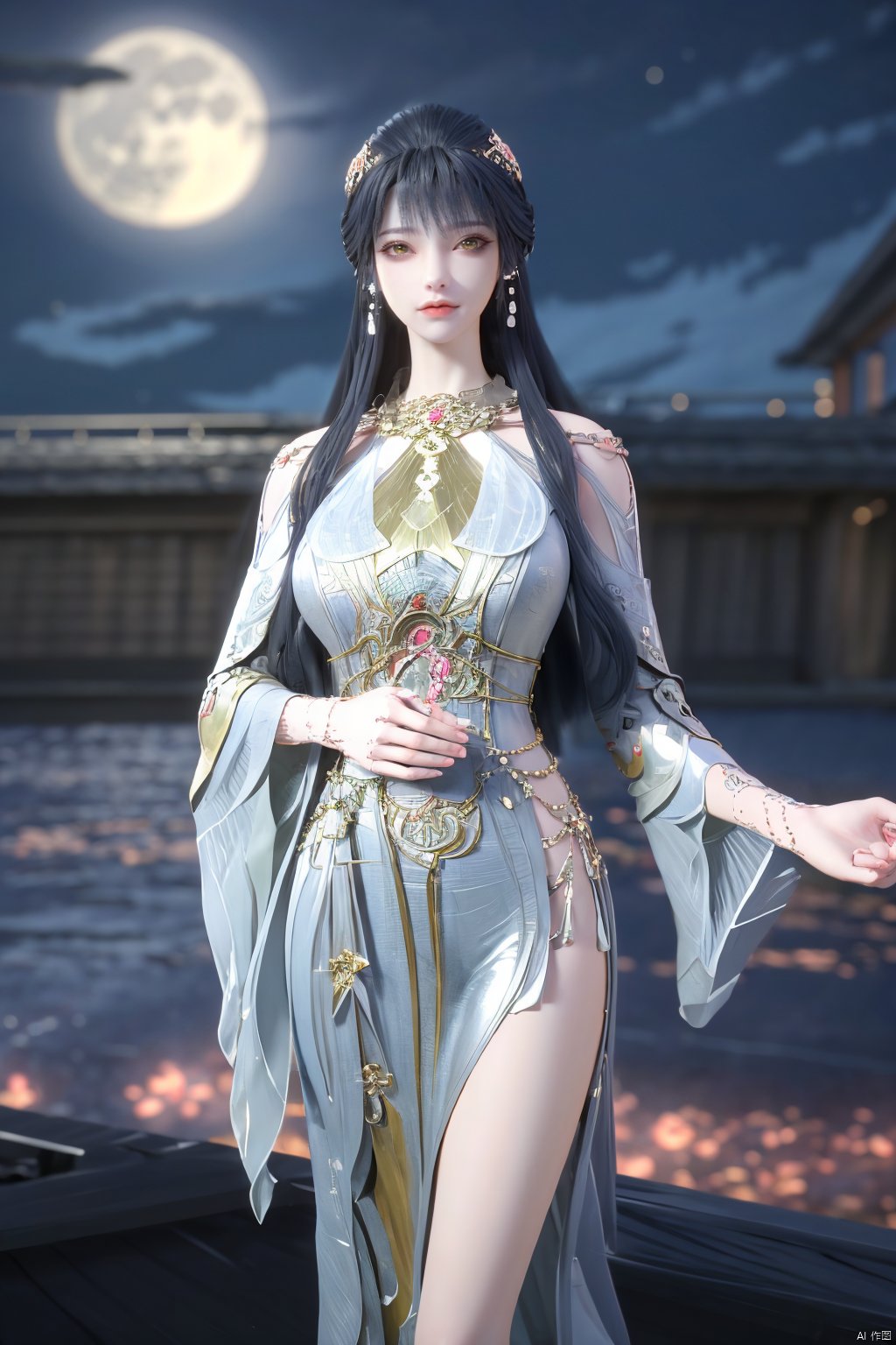 (Masterpiece:1.2), best quality,1girl, looking_at_viewer,(big breasts:1.5),Xyaoye,Large aperture, blurred background, spring scene,flowers,Xsimiaoling,(Peony,full moon:1.23),Xbaiyuerong