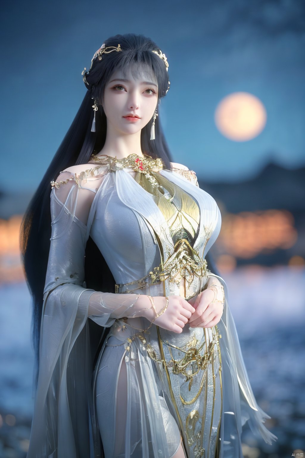 (Masterpiece:1.2), best quality,1girl, looking_at_viewer,(big breasts:1.59),Xyaoye,Large aperture, blurred background, spring scene,flowers,Xsimiaoling,full moon,Xbaiyuerong