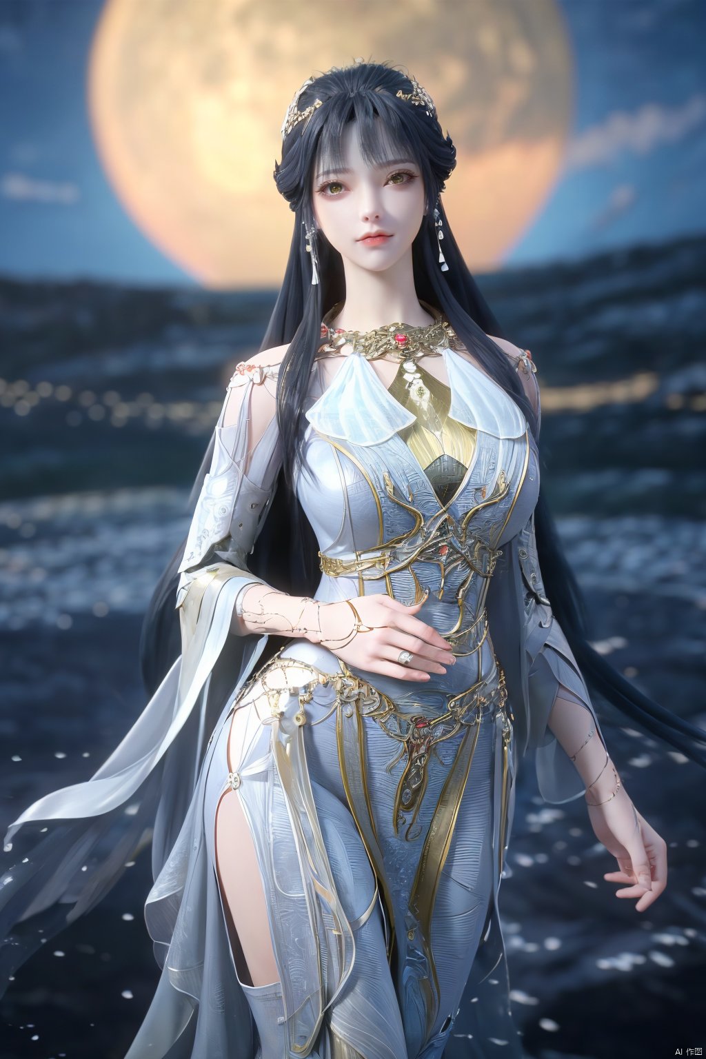 (Masterpiece:1.2), best quality,1girl, looking_at_viewer,(big breasts:1.69),Xyaoye,Large aperture, blurred background, spring scene,flowers,Xsimiaoling,full moon,Xbaiyuerong