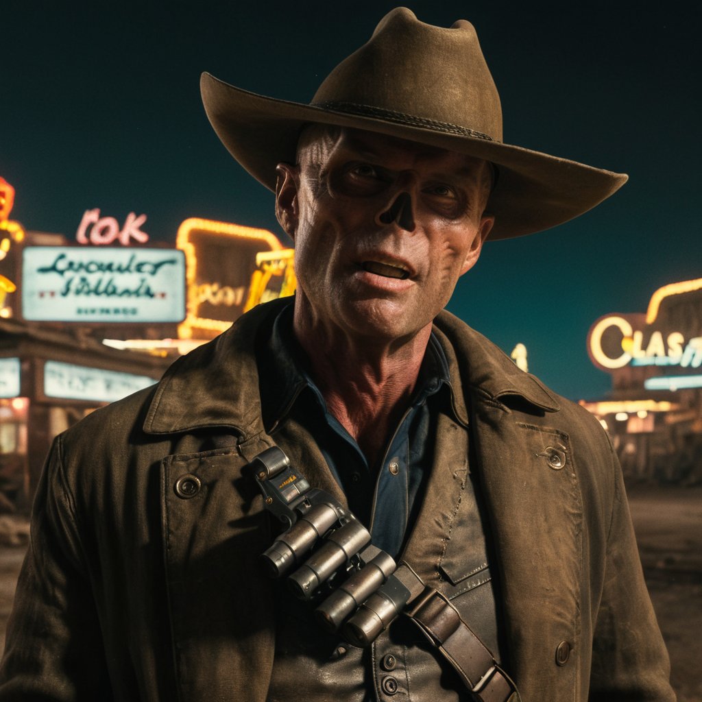 Close up of cooper the ghoul with no nose but otherwise looking like 50 year old Walton Goggins the actor but with smooth burned skin, walks toward the camera through the street of a In a ruined post-apocalyptic Las Vegas, at night time, with rusty 1950s style cars, wearing a dirty dark cream cowboy hat and long dark brown dirty trench coat with his gun in his hand. Photo-realistic. From Fallout TV series. Cinematic, Rich color, masterpiece, hyper realistic, ultra detailed, high quality, best quality, 4k, 8k, hi resolution,Cooper