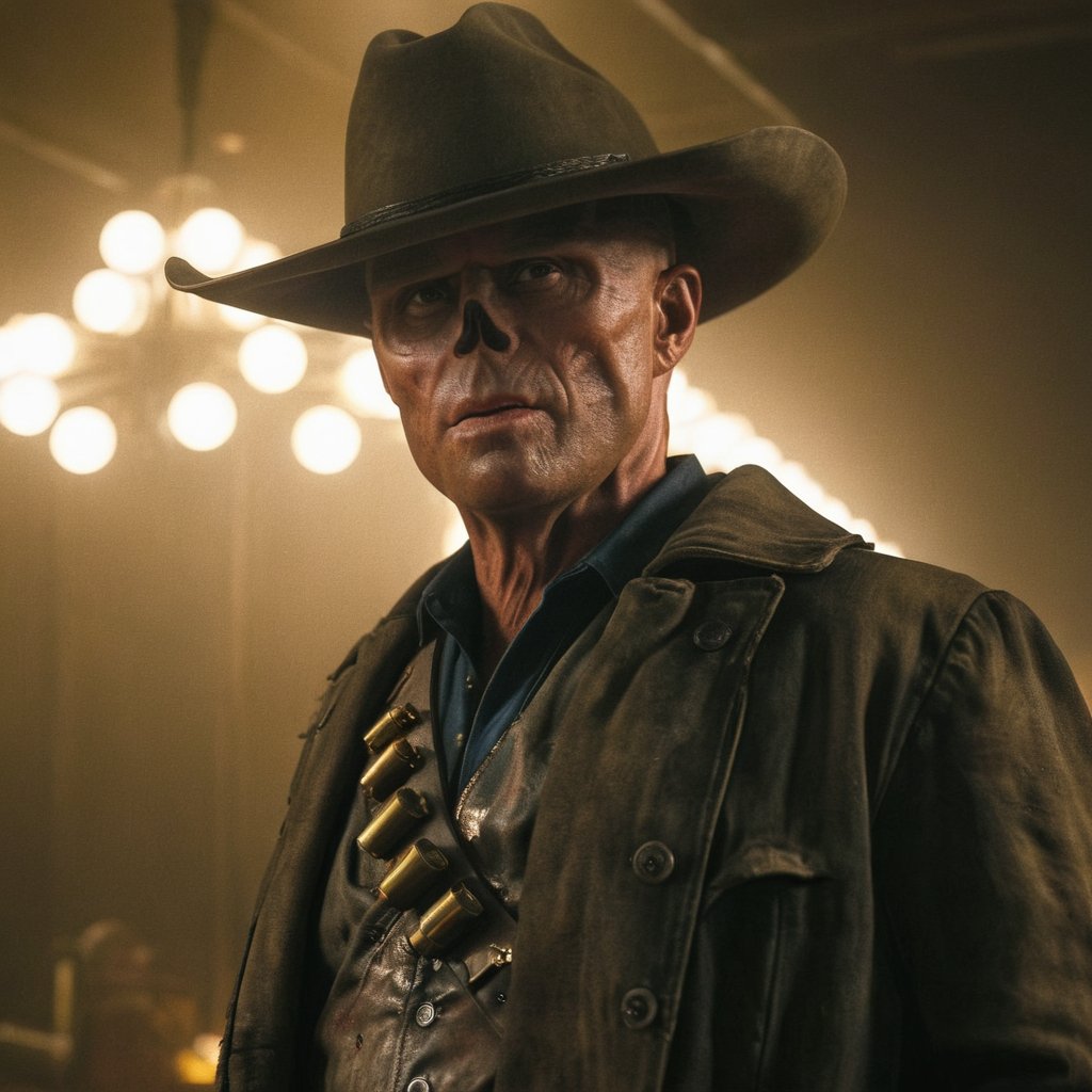 Close up of cooper the ghoul with no nose but otherwise looking like 50 year old Walton Goggins the actor but with smooth burned skin, Inside a dimly lit large room in a post-apocalyptic casino in Las Vegas, wearing a dirty dark cream cowboy hat and long dark brown dirty trench coat with his gun in his hand. Photo-realistic. From Fallout TV series. Cinematic, Rich color, masterpiece, hyper realistic, ultra detailed, high quality, best quality, 4k, 8k, hi resolution,Cooper