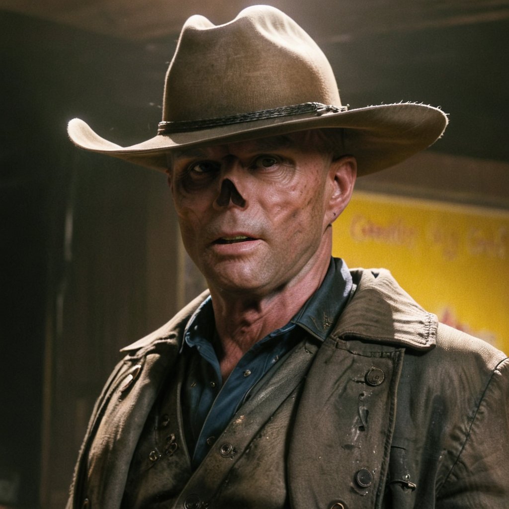 Close up of cooper the ghoul with no nose but otherwise looking like 50 year old Walton Goggins the actor but with smooth burned skin, Inside a dimly lit large room in a post-apocalyptic casino in Las Vegas, wearing a dirty dark cream cowboy hat and long dark brown dirty trench coat with his gun in his hand. Photo-realistic. From Fallout TV series. Cinematic, Rich color, masterpiece, hyper realistic, ultra detailed, high quality, best quality, 4k, 8k, hi resolution,Cooper