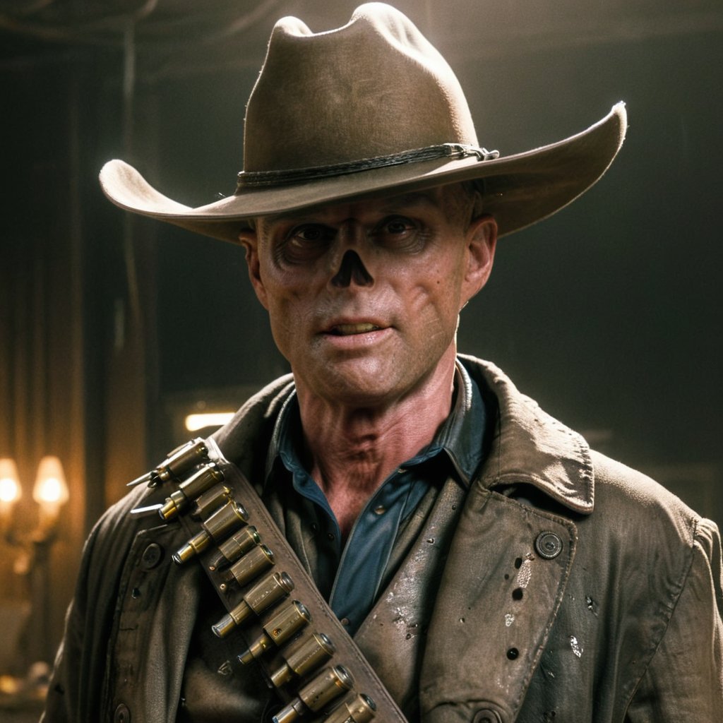 Close up of cooper the ghoul with no nose but otherwise looking like 50 year old Walton Goggins the actor but with smooth burned skin, Inside a dimly lit large room in a post-apocalyptic casino in Las Vegas, wearing a dirty dark cream cowboy hat and long dark brown dirty trench coat with his gun in his hand. Photo-realistic. From Fallout TV series. Cinematic, Rich color, masterpiece, hyper realistic, ultra detailed, high quality, best quality, 4k, 8k, hi resolution,Cooper