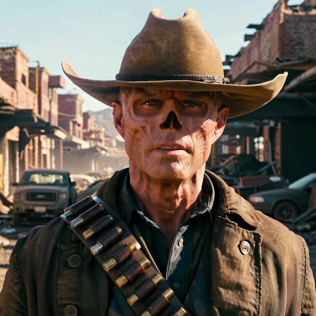 Close up of cooper the ghoul with no nose but otherwise looking like 50 year old Walton Goggins the actor but with smooth burned skin, standing in a post apocalyptic ruined city, wearing a dirty dark cream cowboy hat and long dark brown dirty trench coat with his gun in his hand. Photo-realistic. From Fallout TV series. Cinematic, Rich color, masterpiece, hyper realistic, ultra detailed, high quality, best quality, 4k, 8k, hi resolution,Cooper