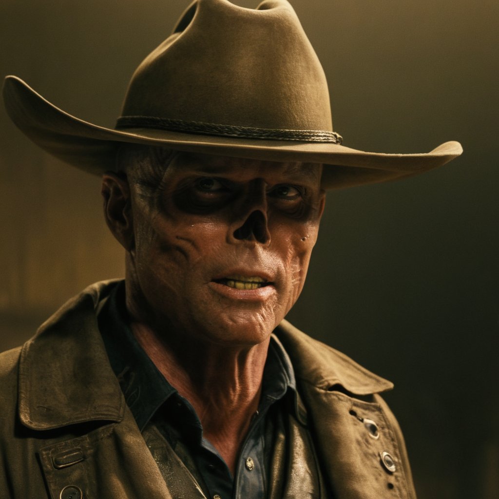 Close up of cooper the ghoul with no nose but otherwise looking like 50 year old Walton Goggins the actor but with smooth burned skin, Inside a dimly lit large room in a post-apocalyptic casino in Las Vegas, wearing a dirty dark cream cowboy hat and long dark brown dirty trench coat with his gun in his hand. Photo-realistic. From Fallout TV series. Cinematic, Rich color, masterpiece, hyper realistic, ultra detailed, high quality, best quality, 4k, 8k, hi resolution,Cooper