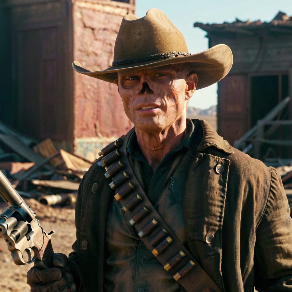 Close up of cooper the ghoul with no nose but otherwise looking like 50 year old Walton Goggins the actor but with smooth burned skin, standing in a post apocalyptic ruined city, wearing a dirty dark cream cowboy hat and long dark brown dirty trench coat with his gun in his hand. Photo-realistic. From Fallout TV series. Cinematic, Rich color, masterpiece, hyper realistic, ultra detailed, high quality, best quality, 4k, 8k, hi resolution,Cooper