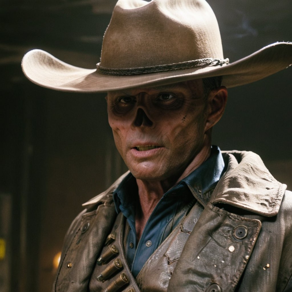 Close up of cooper the ghoul with no nose but otherwise looking like 50 year old Walton Goggins the actor but with smooth burned skin, Inside a dimly lit large room in a post-apocalyptic casino in Las Vegas, wearing a dirty dark cream cowboy hat and long dark brown dirty trench coat with his gun in his hand. Photo-realistic. From Fallout TV series. Cinematic, Rich color, masterpiece, hyper realistic, ultra detailed, high quality, best quality, 4k, 8k, hi resolution,Cooper