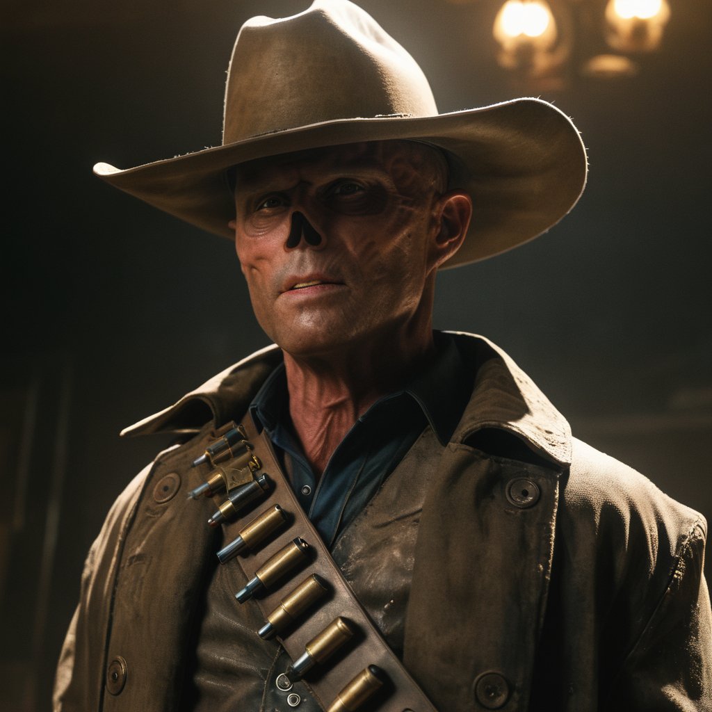 Close up of cooper the ghoul with no nose but otherwise looking like 50 year old Walton Goggins the actor but with smooth burned skin, Inside a dimly lit large room in a post-apocalyptic casino in Las Vegas, wearing a dirty dark cream cowboy hat and long dark brown dirty trench coat with his gun in his hand. Photo-realistic. From Fallout TV series. Cinematic, Rich color, masterpiece, hyper realistic, ultra detailed, high quality, best quality, 4k, 8k, hi resolution,Cooper