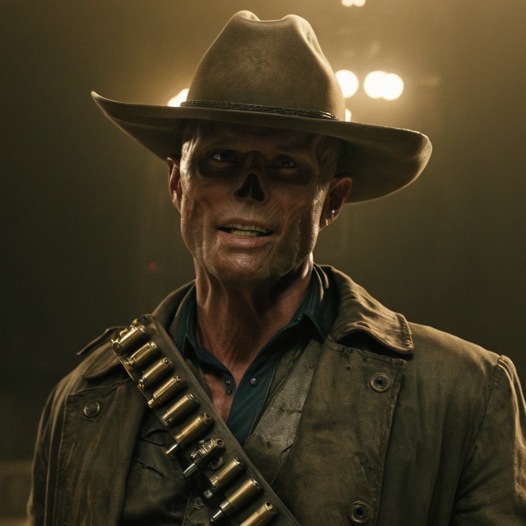 Close up of cooper the ghoul with no nose but otherwise looking like 50 year old Walton Goggins the actor but with smooth burned skin, Inside a dimly lit large room in a post-apocalyptic casino in Las Vegas, wearing a dirty dark cream cowboy hat and long dark brown dirty trench coat with his gun in his hand. Photo-realistic. From Fallout TV series. Cinematic, Rich color, masterpiece, hyper realistic, ultra detailed, high quality, best quality, 4k, 8k, hi resolution,Cooper