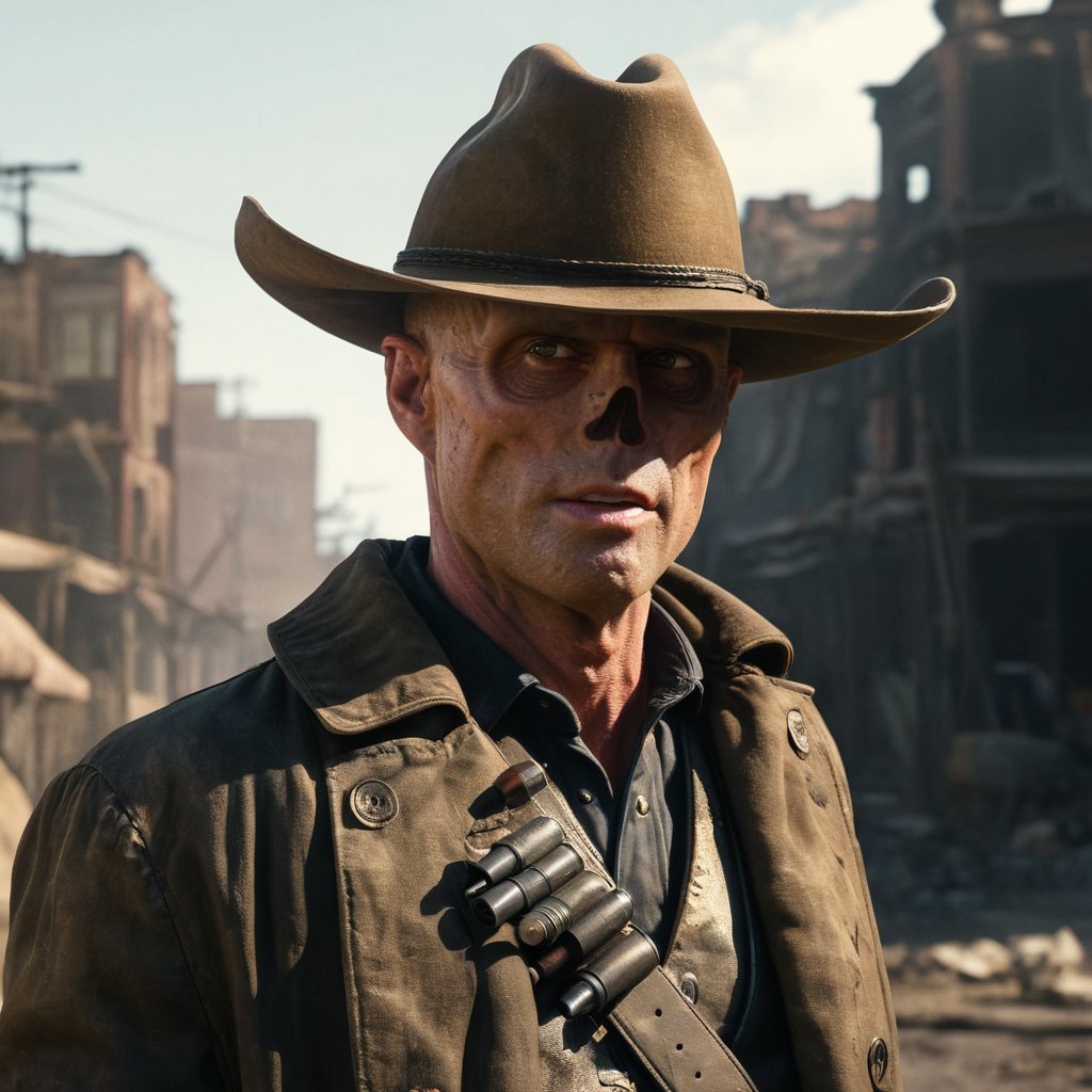 Close up of cooper the ghoul with no nose but otherwise looking like 50 year old Walton Goggins the actor but with smooth burned skin, standing in a post apocalyptic ruined city, wearing a dirty dark cream cowboy hat and long dark brown dirty trench coat with his gun in his hand. Photo-realistic. From Fallout TV series. Cinematic, Rich color, masterpiece, hyper realistic, ultra detailed, high quality, best quality, 4k, 8k, hi resolution,Cooper