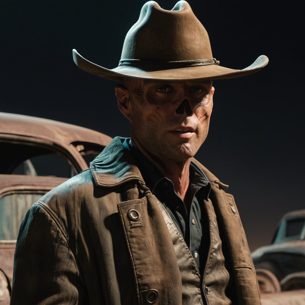 Close up of cooper the ghoul with no nose but otherwise looking like 50 year old Walton Goggins the actor but with smooth burned skin, walks toward the camera through the street of a In a ruined post-apocalyptic Las Vegas, at night time, with rusty 1950s style cars, wearing a dirty dark cream cowboy hat and long dark brown dirty trench coat with his gun in his hand. Photo-realistic. From Fallout TV series. Cinematic, Rich color, masterpiece, hyper realistic, ultra detailed, high quality, best quality, 4k, 8k, hi resolution,Cooper