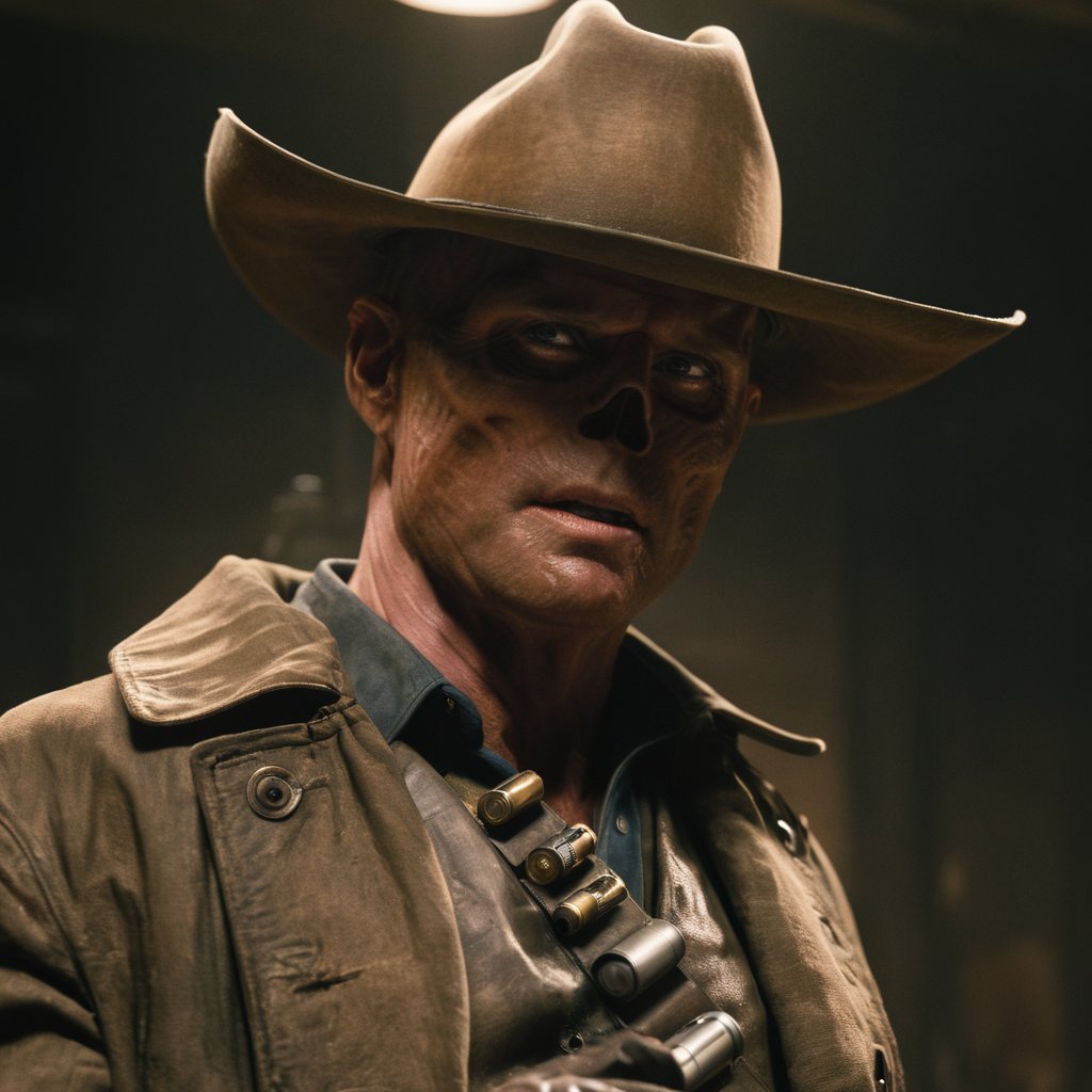 Close up of cooper the ghoul with no nose but otherwise looking like 50 year old Walton Goggins the actor but with smooth burned skin, Inside a dimly lit large room in a post-apocalyptic casino in Las Vegas, wearing a dirty dark cream cowboy hat and long dark brown dirty trench coat with his gun in his hand. Photo-realistic. From Fallout TV series. Cinematic, Rich color, masterpiece, hyper realistic, ultra detailed, high quality, best quality, 4k, 8k, hi resolution,Cooper