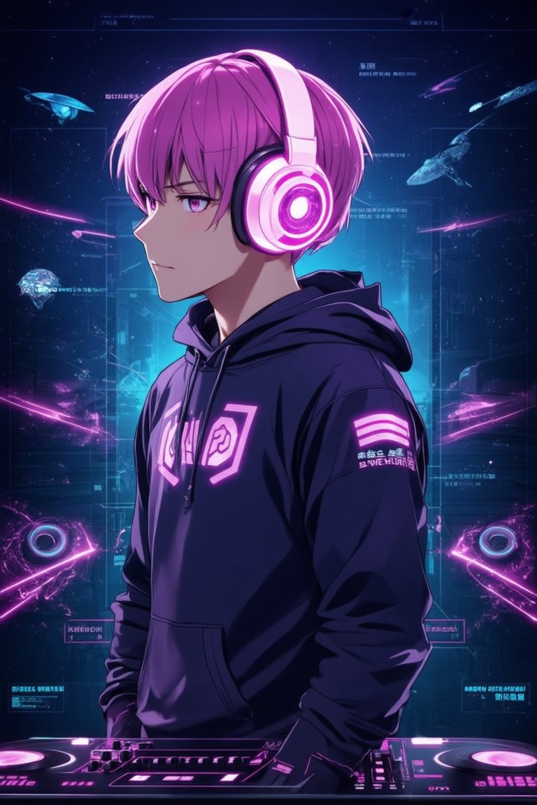  anime artwork sci-fi style cyberspace dj club, augmented reality street artist, wearing a holo-hoodie, from the sides and on the side, headphones, short neon undercut hair, bioluminescent, neon rim lighting, mad-cbrpnksplshrt, . futuristic, technological, alien worlds, space themes, advanced civilizations . anime style, key visual, vibrant, studio anime, highly detailed, diagram , dynamic,