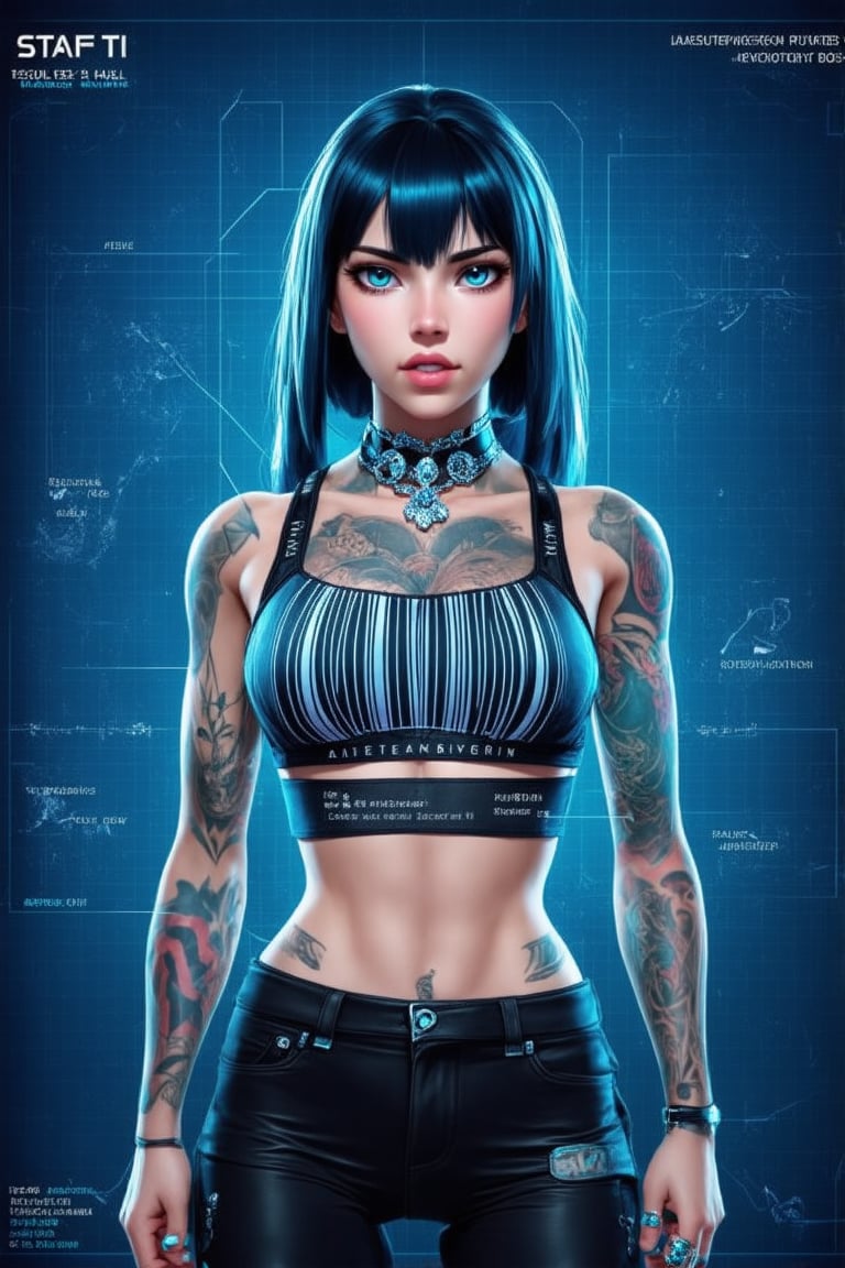 1girl, solo, breasts, looking_at_viewer, bangs, blue_eyes, cleavage, jewelry, medium_breasts, blue_hair, midriff, pants, blunt_bangs, medium_hair, lips, tattoo, makeup, black_pants, piercing, ring, sports_bra, realistic, nose, arm_tattoo, cyborg, barcode, cyberpunk, neck_tattoo ,  highly detailed, diagram , dynamic,