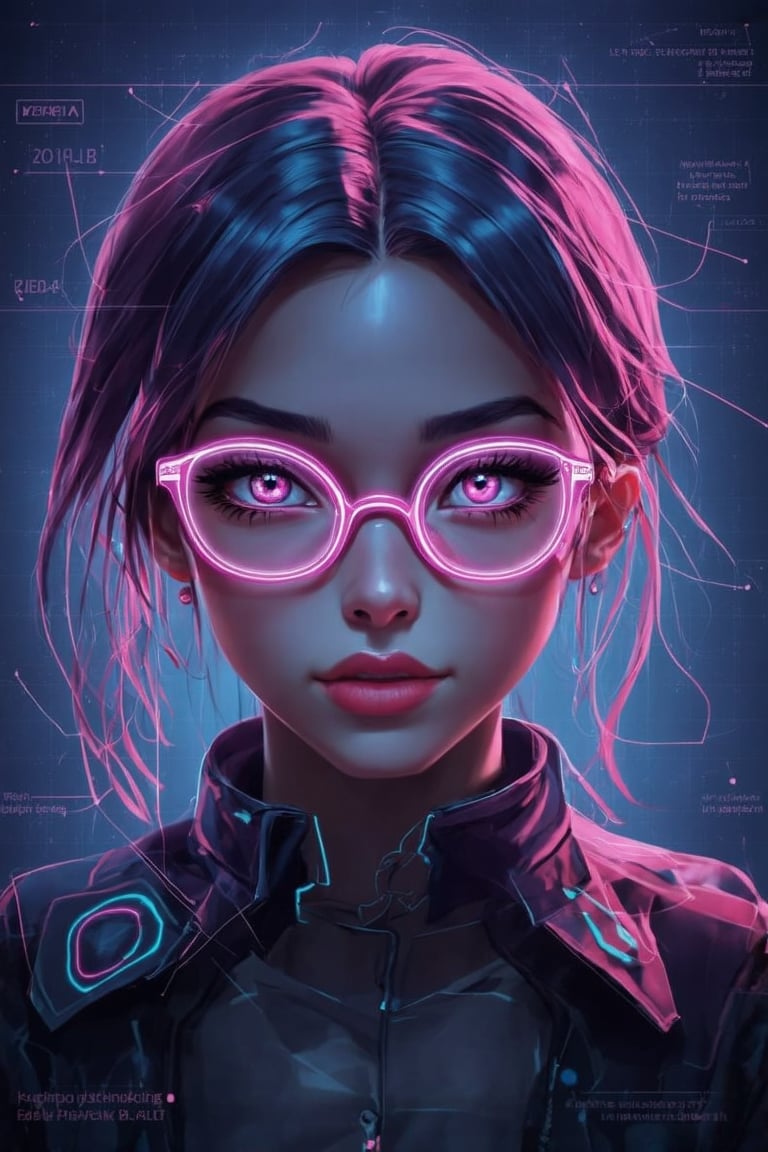 Similar graph, a cyberpunk girl, Wear clear neon glasses, cyberpunk., golden ratio details, 32k uhd, fantasy, cyberpunk, intricate, decadent, highly detailed, digital painting, ever after high, octane render, artstation, concept art, smooth, sharp focus, illustration, art by artgerm, loish, wlop. (heartwarming, uplifting, charming), (UHD, masterpiece, detailed eyes, detailed face, highest quality), (light leaks, subsurface scattering, rim light, beautiful lighting and shading, deep background, vibrant complementary colors, sharp focus),Digital,Style