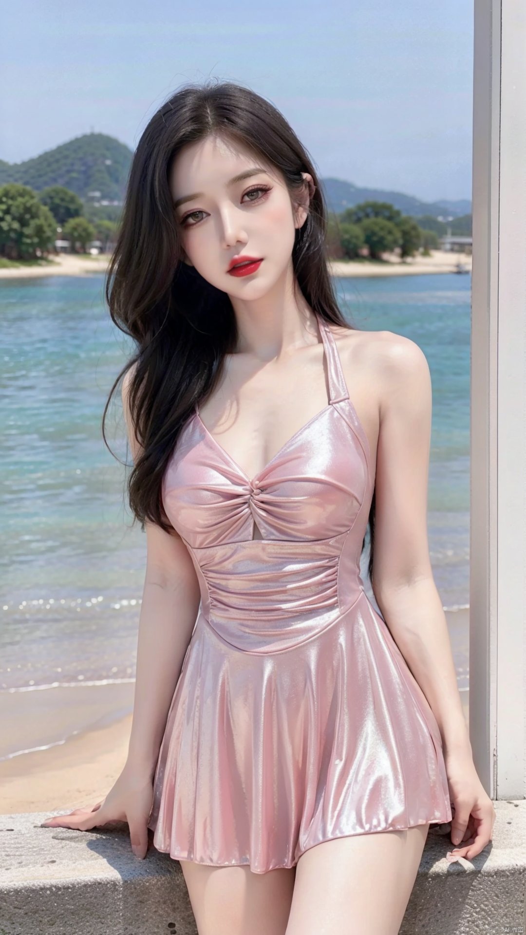 8k,(realistic:1.1), (photorealistic:1.1), (masterpiece:1.1), (best quality:1.1), RAW photo, highres, ultra detailed, High detail RAW color photo,professional photograph,masterpiece, best quality,realistic,1girl,red lip,(large breasts,),((outdoors,shore:1.1)),looking at viewer,solo,beautiful detailed eyes,extremely beautiful face,pink dress