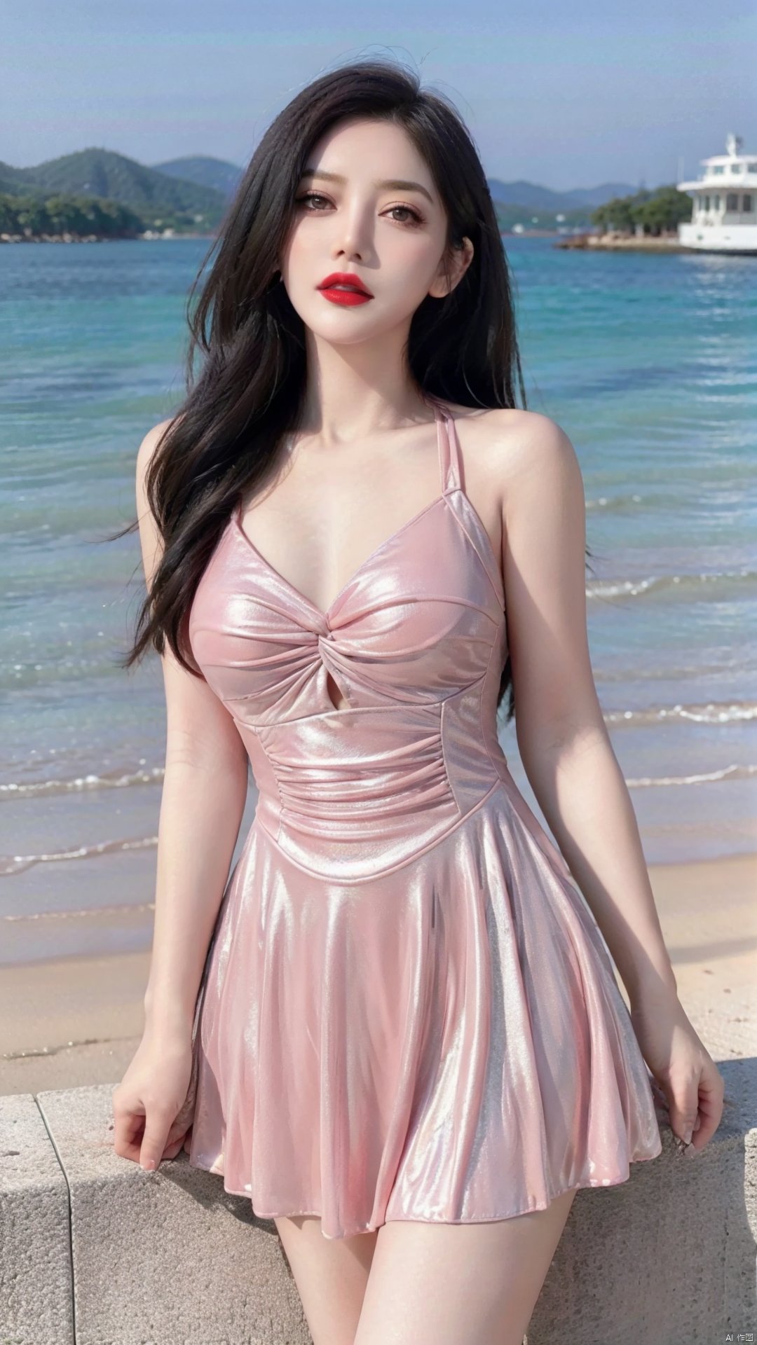 8k,(realistic:1.1), (photorealistic:1.1), (masterpiece:1.1), (best quality:1.1), RAW photo, highres, ultra detailed, High detail RAW color photo,professional photograph,masterpiece, best quality,realistic,1girl,red lip,(large breasts,),((outdoors,shore:1.1)),looking at viewer,solo,beautiful detailed eyes,extremely beautiful face,pink dress