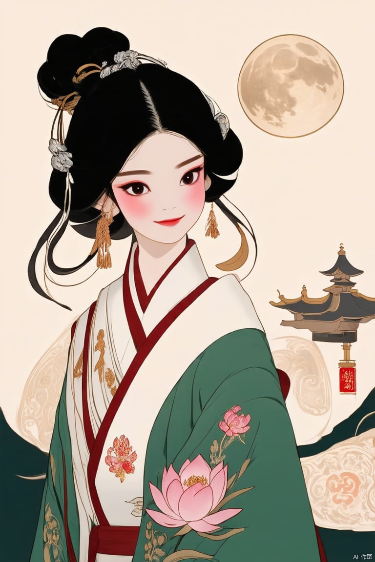 (masterpiece, top quality, best quality, official art, beautiful and aesthetic:1.2), (1girl:1.3),solo,Beautiful appearance. Gentle black eyes. Head wearing gold and silver hairpins, high hair bun. black hair, Wearing green wide-sleeved Hanfu, the hem embroidered with lotus patterns. Holding a blooming pink lotus, smiling and gazing,Moon palace light, willow shade deep.