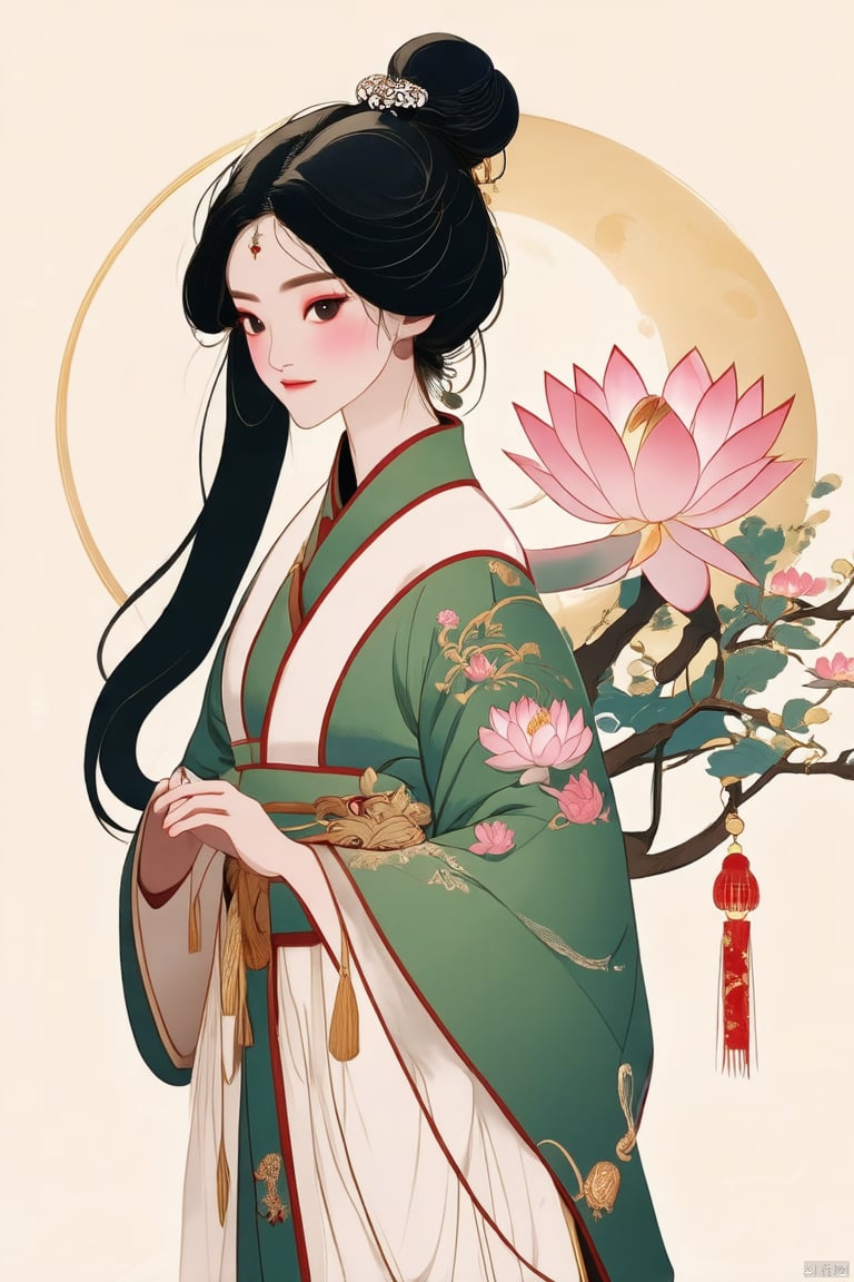 (masterpiece, top quality, best quality, official art, beautiful and aesthetic:1.2), (1girl:1.3),solo,Beautiful appearance. Gentle black eyes. Head wearing gold and silver hairpins, high hair bun. black hair, Wearing green wide-sleeved Hanfu, the hem embroidered with lotus patterns. Holding a blooming pink lotus, smiling and gazing,Moon palace light, willow shade deep.