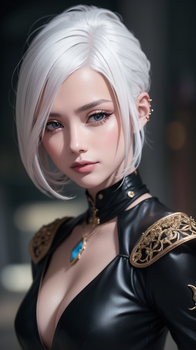 short white hair, 1girl, accessories, piercing, intricate background, fantasy, mythical, misterious, masterpiece, best quality, dynamic angle, cinematic composition, detailed face