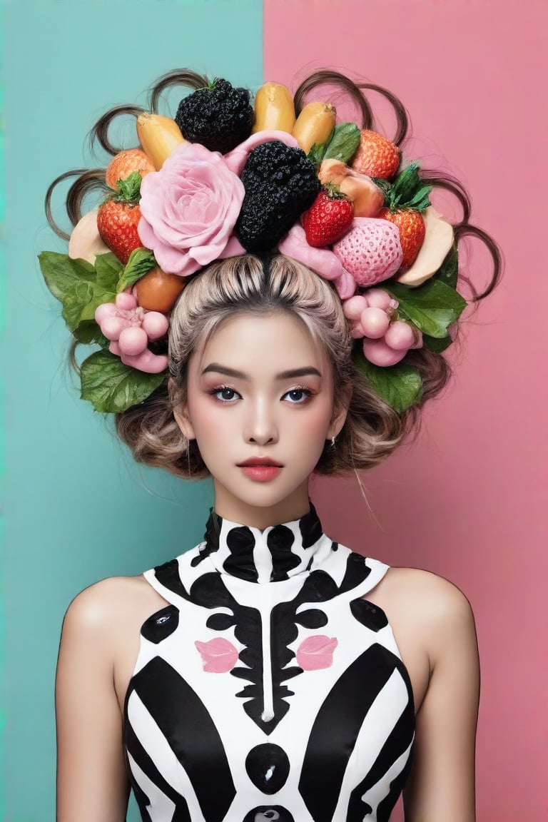 A girl has an elaborate hairstyle with a mix of black and pink tones, which could suggest a creative or rebellious personality. The presence of the colorful background may indicate a sense of vibrancy or action associated with the character. She wears an food inspiration outfit. The overall composition and style are indicative of a narrative-driven genre such as comics or graphic novels.,Pho