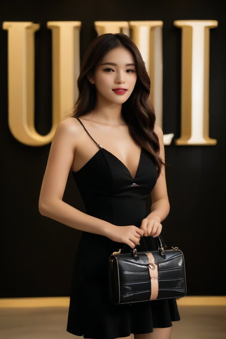 A captivating image of a confident beauty posing gracefully against a sleek black background. Soft golden lighting accentuates her features, highlighting the elegant curves of her black dress as it perfectly complements her slender figure. Her impeccably styled hair frames her radiant complexion. She holds a luxurious Louis Vuitton purse, adding to her sophisticated aura. The overall composition is refined and chic, epitomizing the essence of high-end fashion and style.,Enhanced Realistic,Asian Best Face Ever