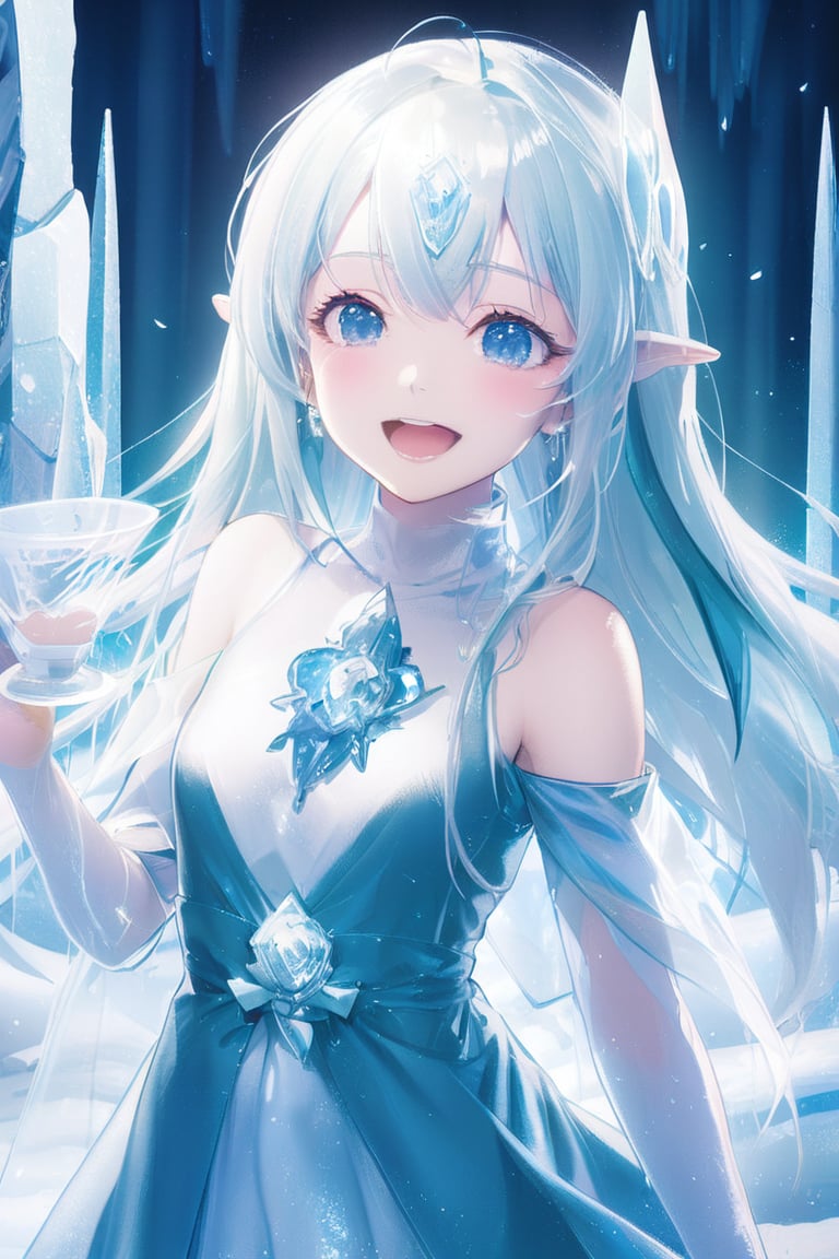 ice, ((masterpiece, best quality)),((masterpiece)), ((best quality)), (ultra-detailed), ((kawaii)), cute, (lovely), ((extremely detailed)),best quality, (beautiful), dynamic angle, sacred place, a cute girl, 1girl, solo, ((elf )),beautiful blond hair, beautiful green eyes, ((beautiful eyes)), long hair, smile,