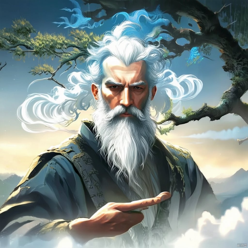 Envision an image of a young man with ethereal white hair, holding a mystical tree branch, his face the central focus. He has a distinctive beard, styled in the manner of ancient Chinese mythology, adding an air of wisdom and tradition. The lighting is ethereal, casting a soft glow that accentuates the intricate details of his facial hair and the flowing locks of his hair. The composition centers on his contemplative face, with the tree branch, reminiscent of a mythical Chinese tree, extending gracefully to the side. The background is a blend of traditional Chinese elements, such as clouds and mountains, creating a harmonious and mythical atmosphere.