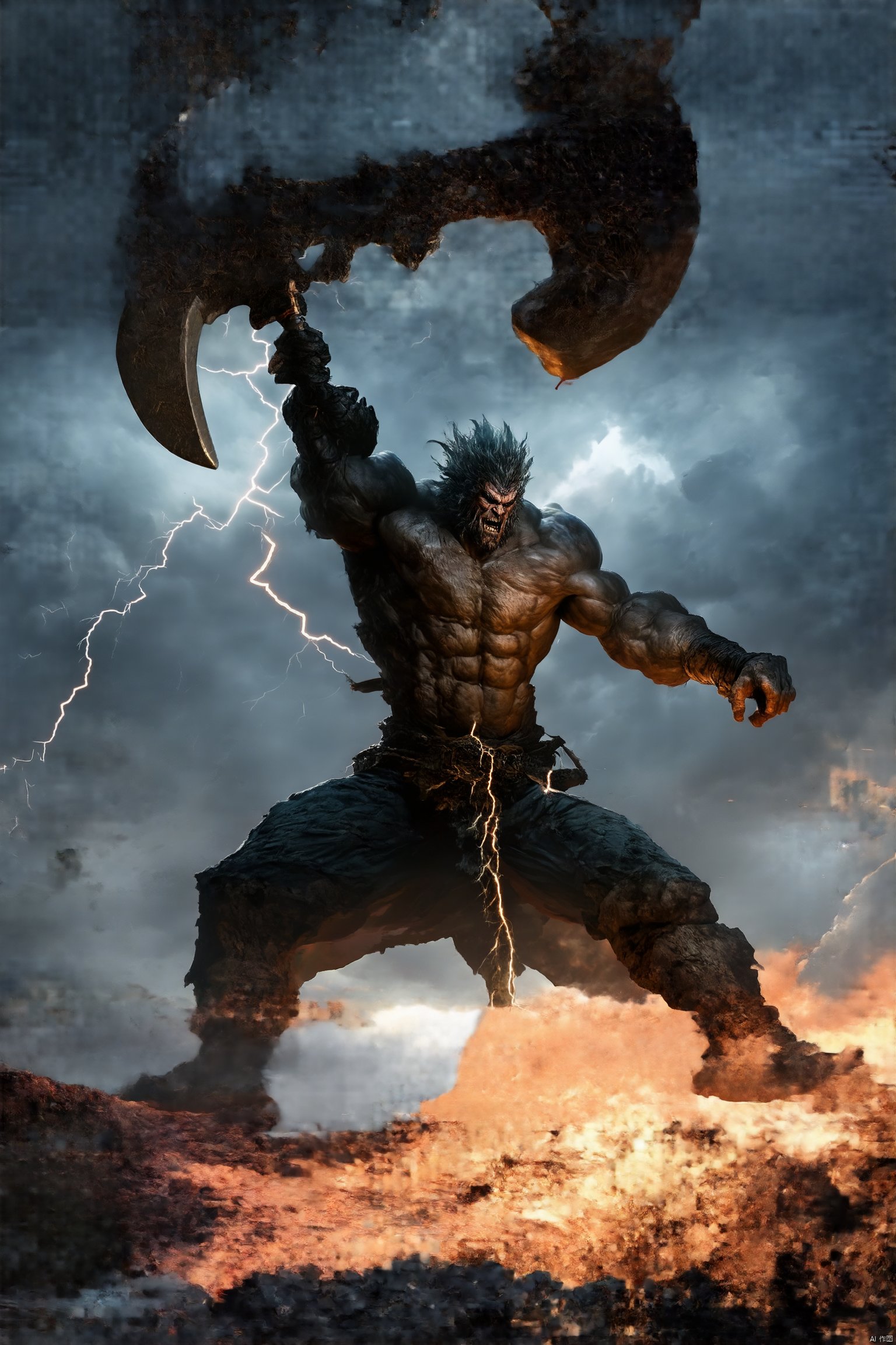 Visualize a colossal giant, towering and muscular, wielding a massive battle axe, swinging it forcefully towards the sky. The scene is dramatic, with intense lighting casting deep shadows across the giant's rugged face and bulging veins. The composition captures the giant from a low angle, emphasizing its immense stature and the sheer power of the axe's arc. The sky is stormy, with dark clouds and flashes of lightning, heightening the sense of impending conflict and raw, primal energy.