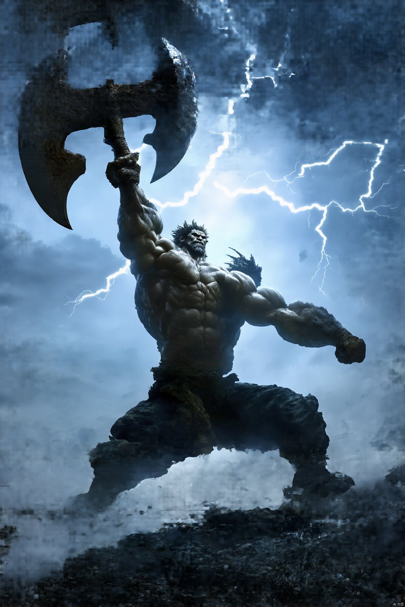 Visualize a colossal giant, towering and muscular, wielding a massive battle axe, swinging it forcefully towards the sky. The scene is dramatic, with intense lighting casting deep shadows across the giant's rugged face and bulging veins. The composition captures the giant from a low angle, emphasizing its immense stature and the sheer power of the axe's arc. The sky is stormy, with dark clouds and flashes of lightning, heightening the sense of impending conflict and raw, primal energy.