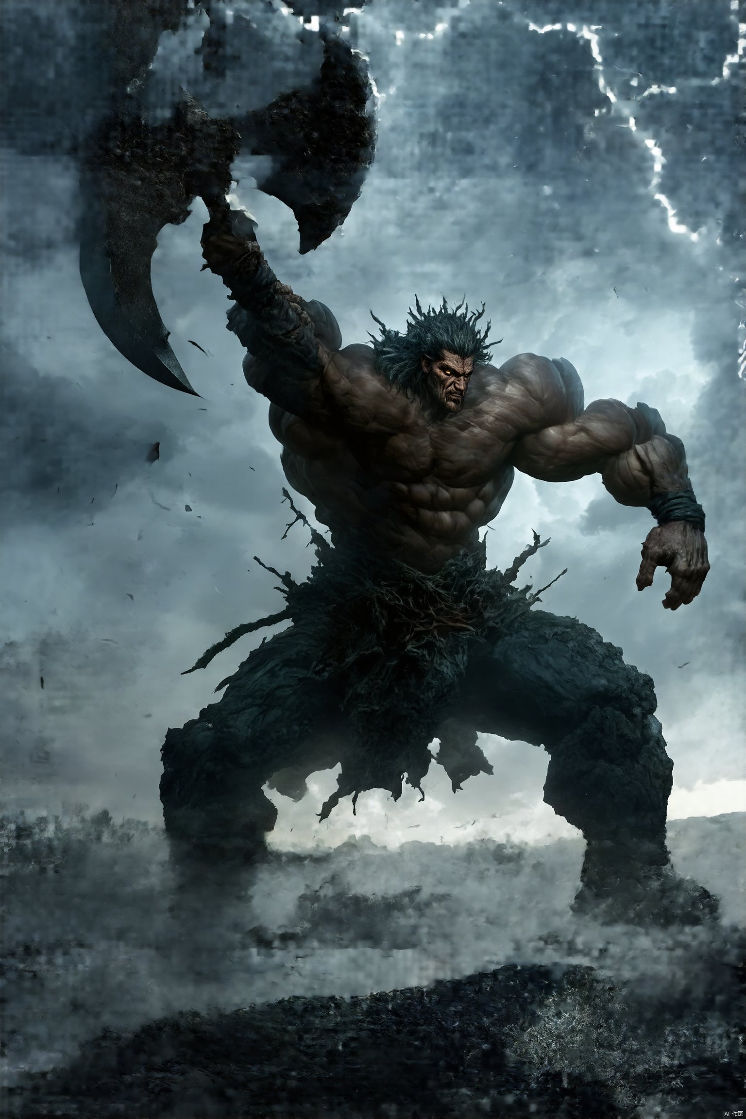 Visualize a colossal giant, towering and muscular, wielding a massive battle axe, swinging it forcefully towards the sky. The scene is dramatic, with intense lighting casting deep shadows across the giant's rugged face and bulging veins. The composition captures the giant from a low angle, emphasizing its immense stature and the sheer power of the axe's arc. The sky is stormy, with dark clouds and flashes of lightning, heightening the sense of impending conflict and raw, primal energy.